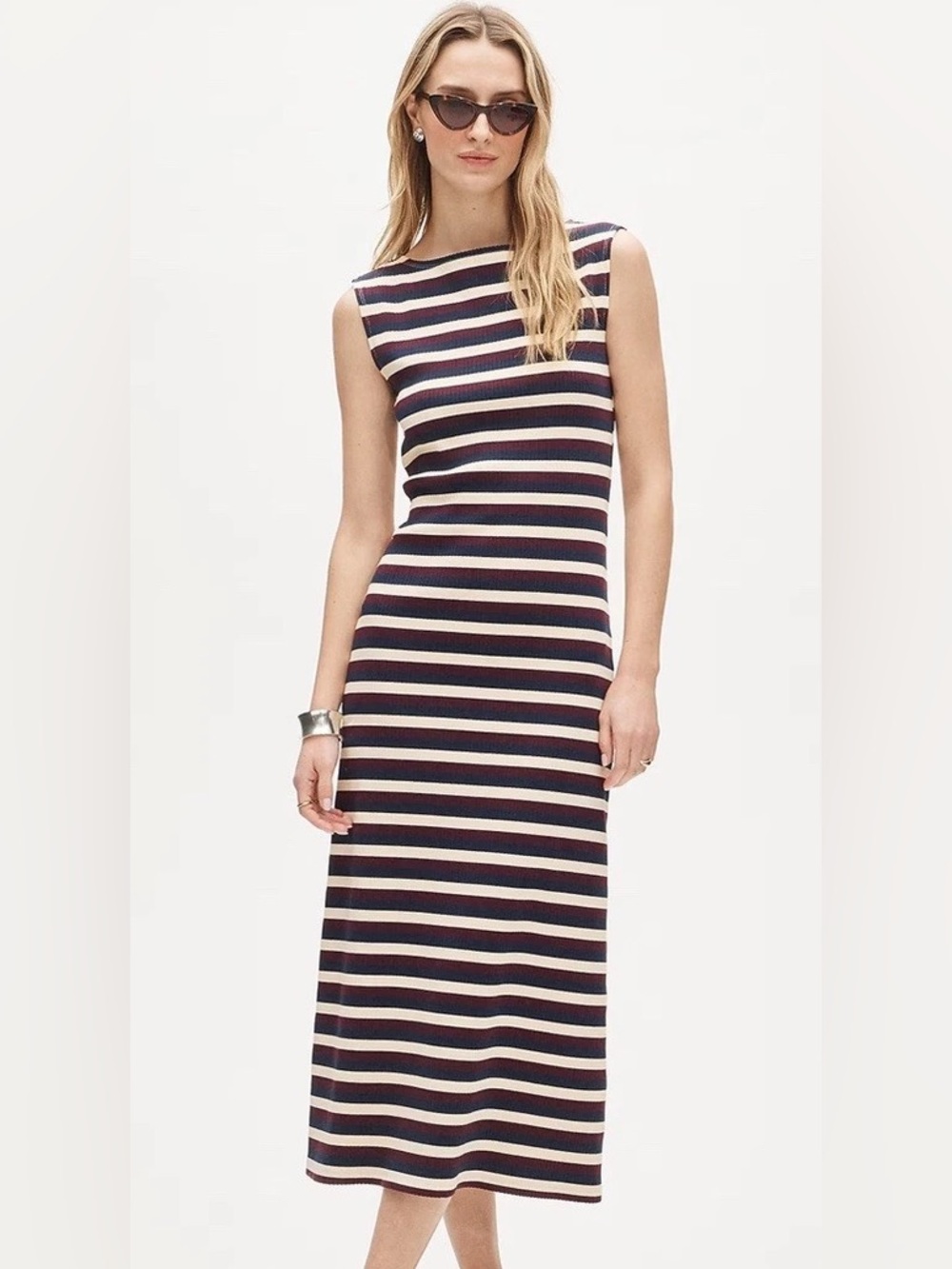 NEW J.Crew Knit Boatneck Midi Dress Crosbystripe Candlelight Cherry